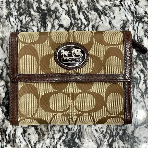 Coach Signature Brown and Tan Tri-fold Wallet - Picture 1 of 8